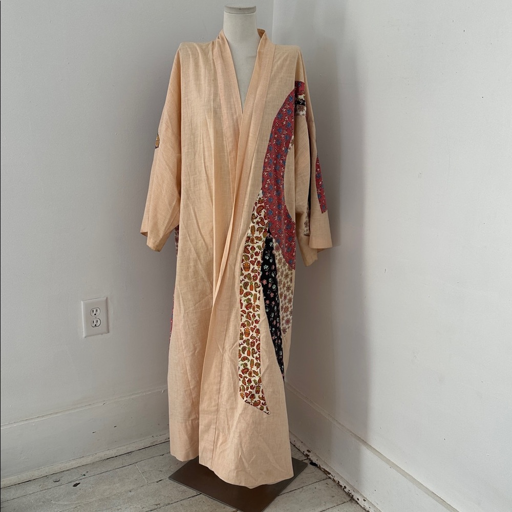 Vintage 70s Patchwork Cotton Kimono Duster Robe - Picture 4 of 6